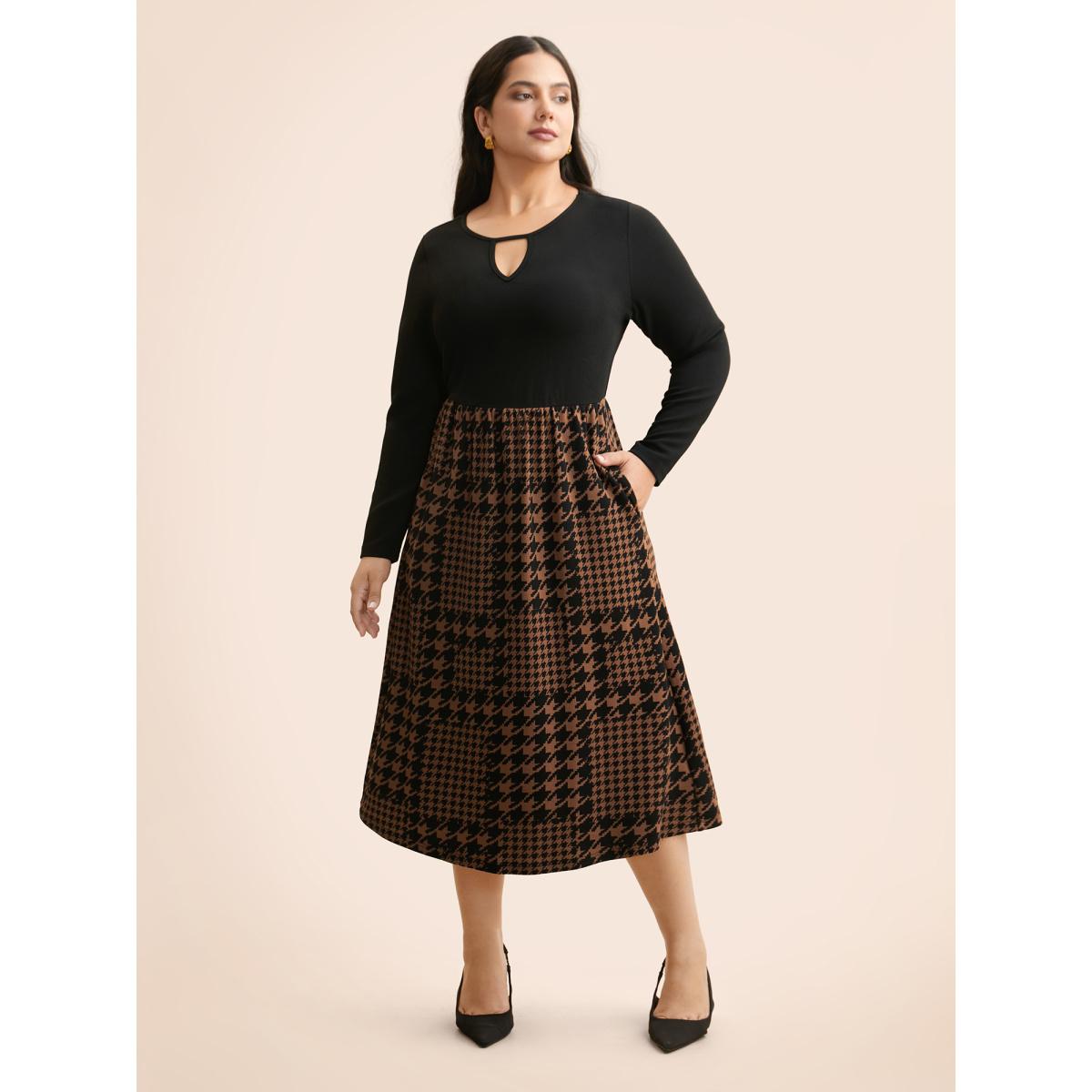 Plus Size Houndstooth Patchwork Cut Out Midi Dress Browncoffeecolor Women At the Office Patchwork Round Neck Long Sleeve Curvy BloomChic 14-16/1X Product Image