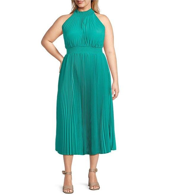 Marina Plus Size Sleeveless Halter Mock Neck Smocked Pleated Crepe Chiffon A-Line Maxi Dress Product Image