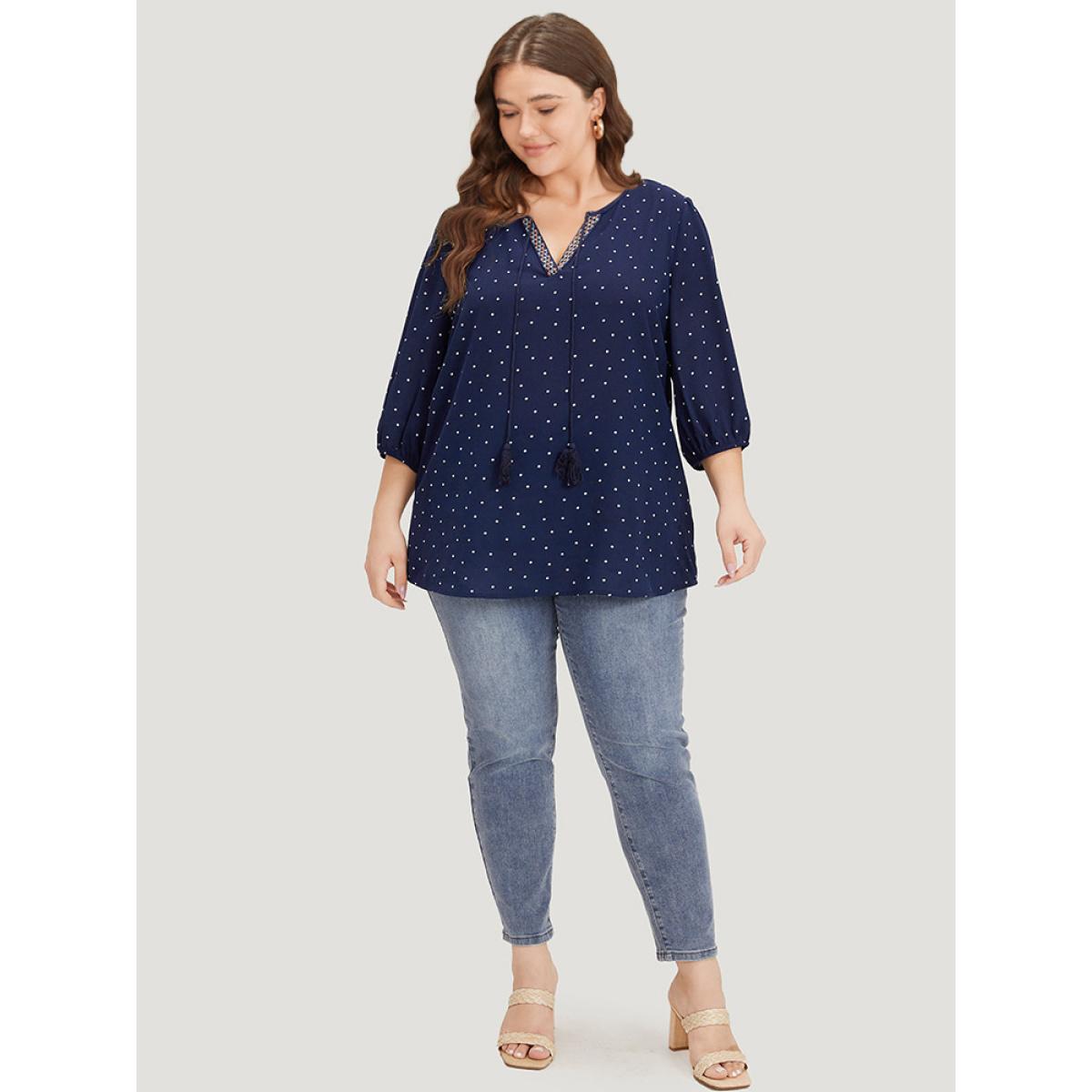 Plus Size Indigo Polka Dot Tassels Ties Elastic Cuffs Blouse Women Vacation Elbow-length sleeve V-neck Vacation Blouses BloomChic 30/6X Product Image