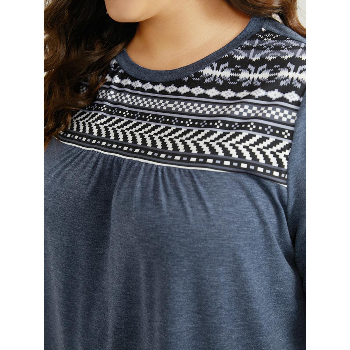 Plus Size Boho Print Round Neck Gathered T-shirt Blue Women Casual Patchwork Bohemian Print Round Neck Dailywear T-shirts BloomChic 30/6X Product Image