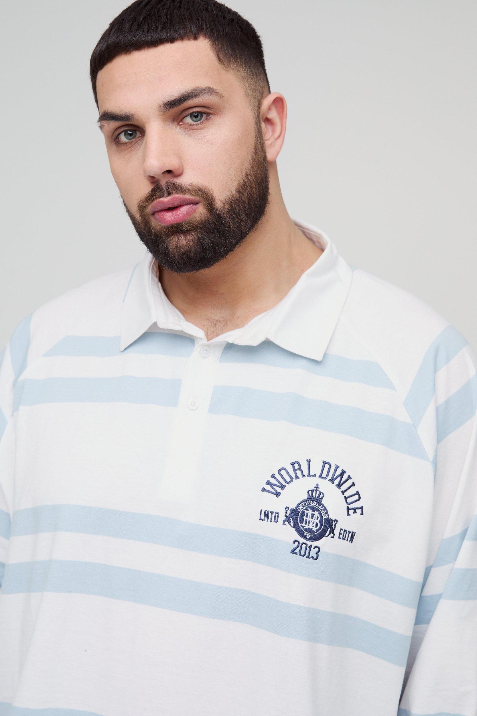 Plus Oversized Raglan Embroidered Rugby Shirt | boohooMAN USA Product Image