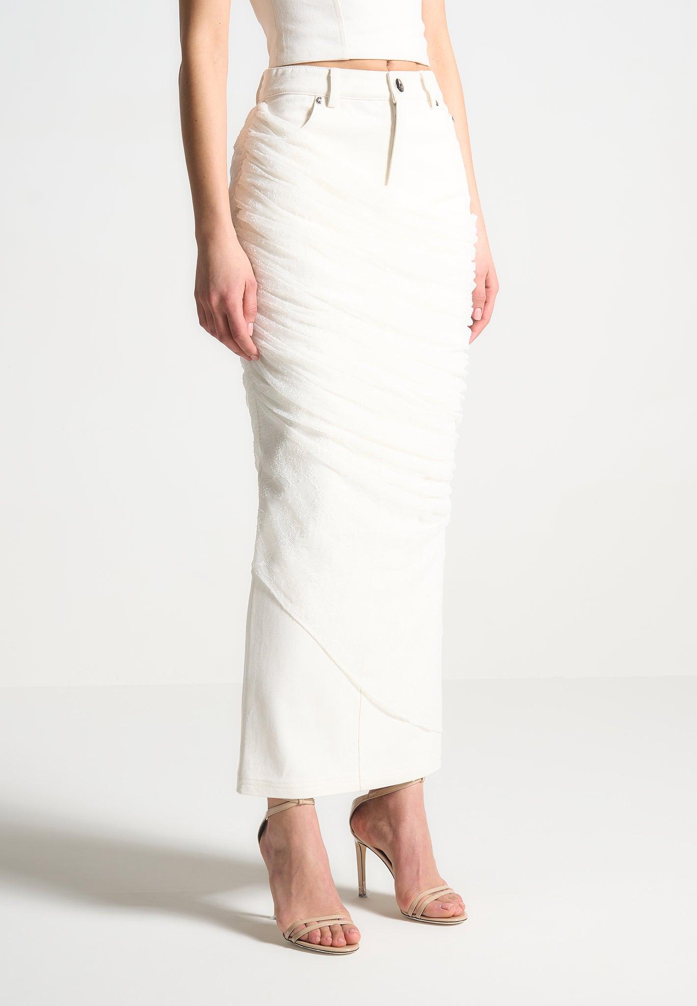 Draped Mesh Denim Maxi Skirt - Off White Female Product Image