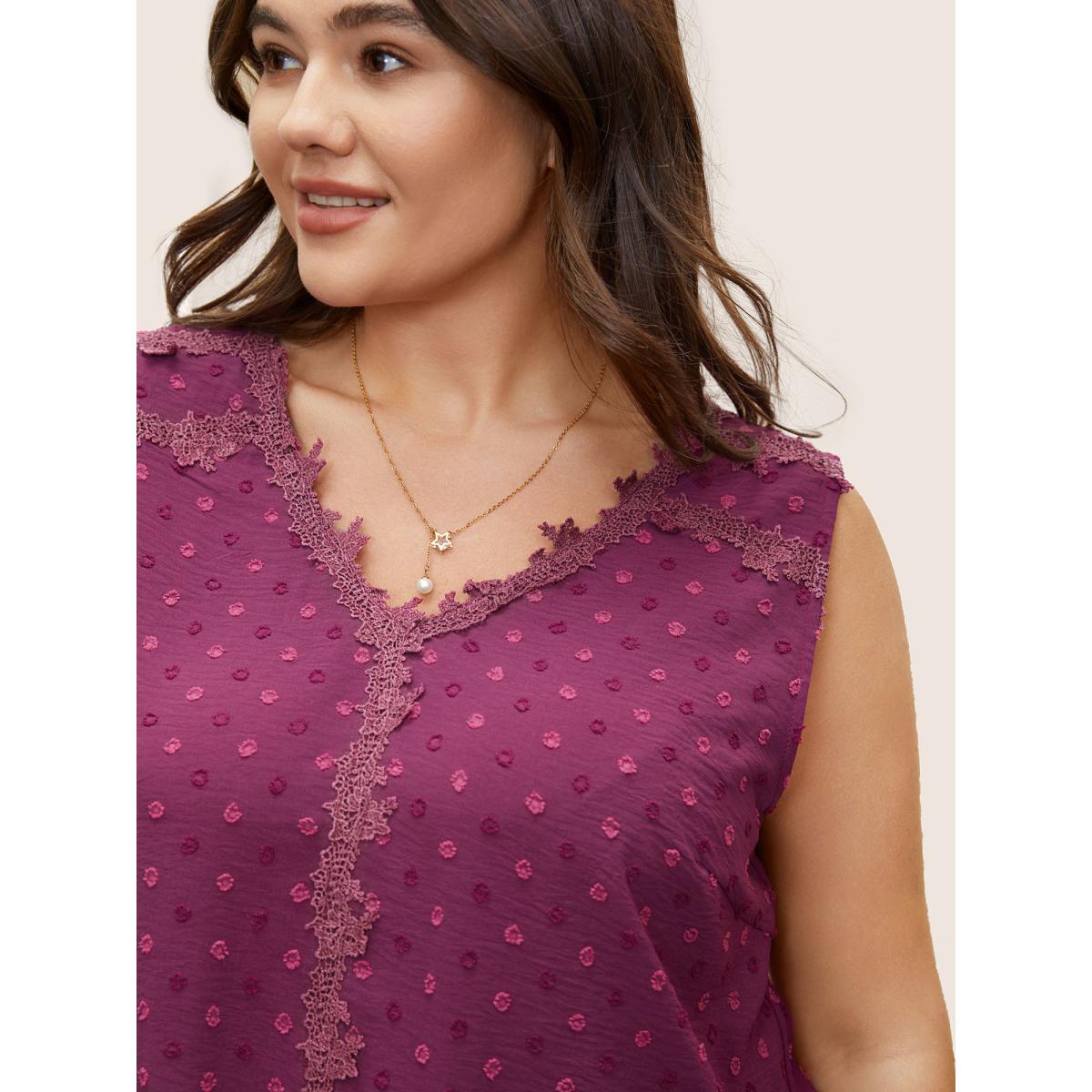 Plus Size Solid V Neck Lace Panel Textured Tank Top Women Purple Elegant Texture Work Tank Tops Camis BloomChic 12/L Product Image