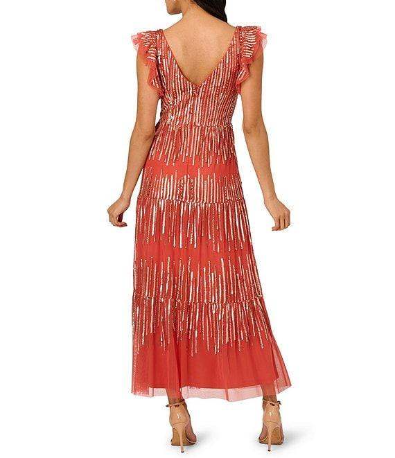 Adrianna Papell V-Neck Ruffle Shoulder Beaded Mesh Tiered Tea Length Dress Product Image