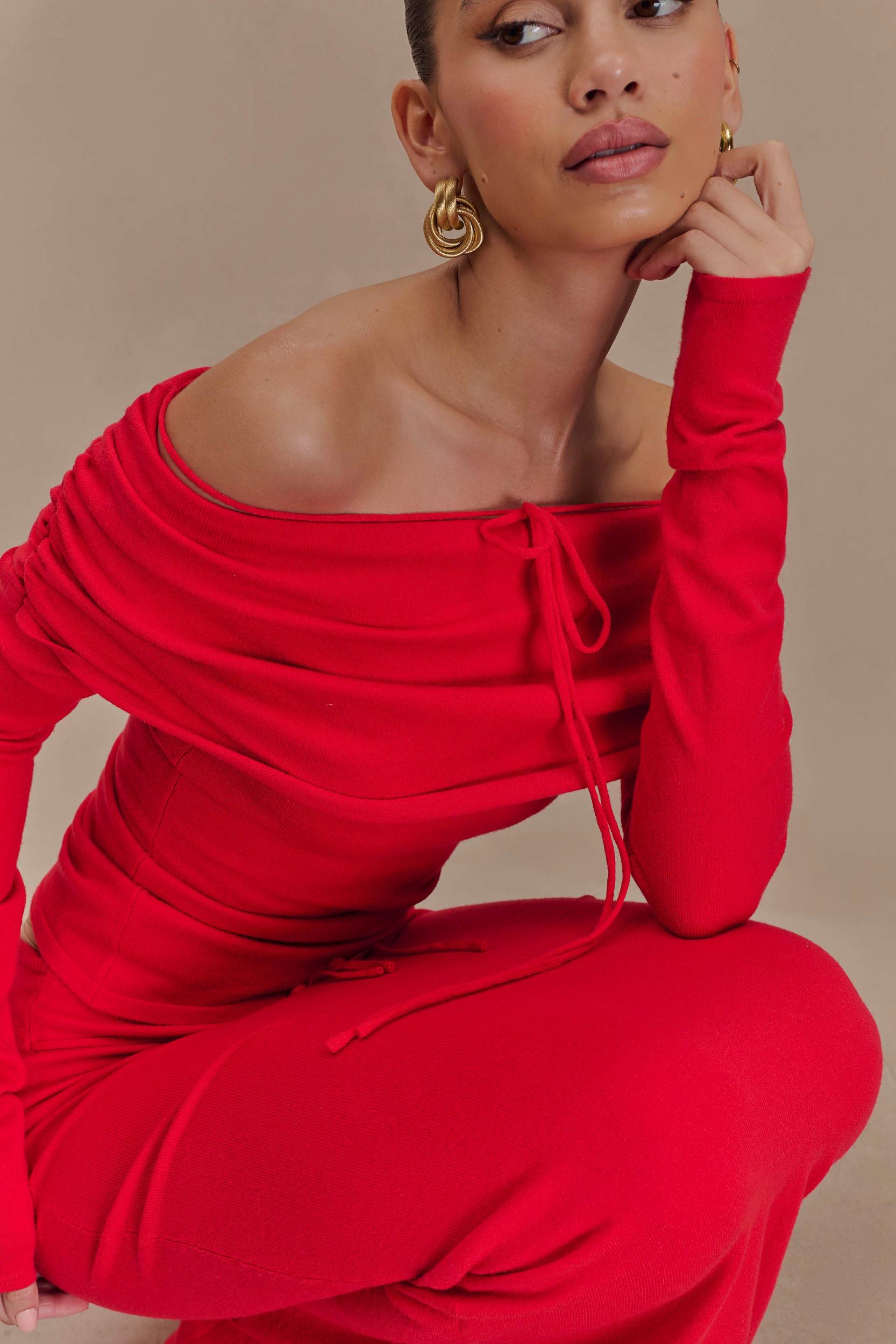 Polly Off Shoulder Long Sleeve Knit Top - Red Product Image