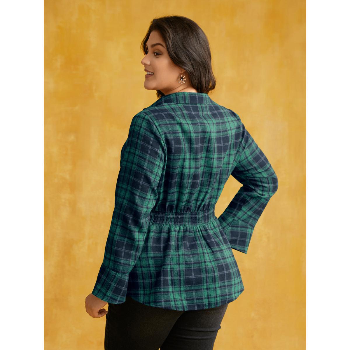 Plus Size Emerald Corset Plaid Waist-Cinching Blouse Women Elegant Long Sleeve Shirt collar Everyday Blouses BloomChic 26/4X Product Image