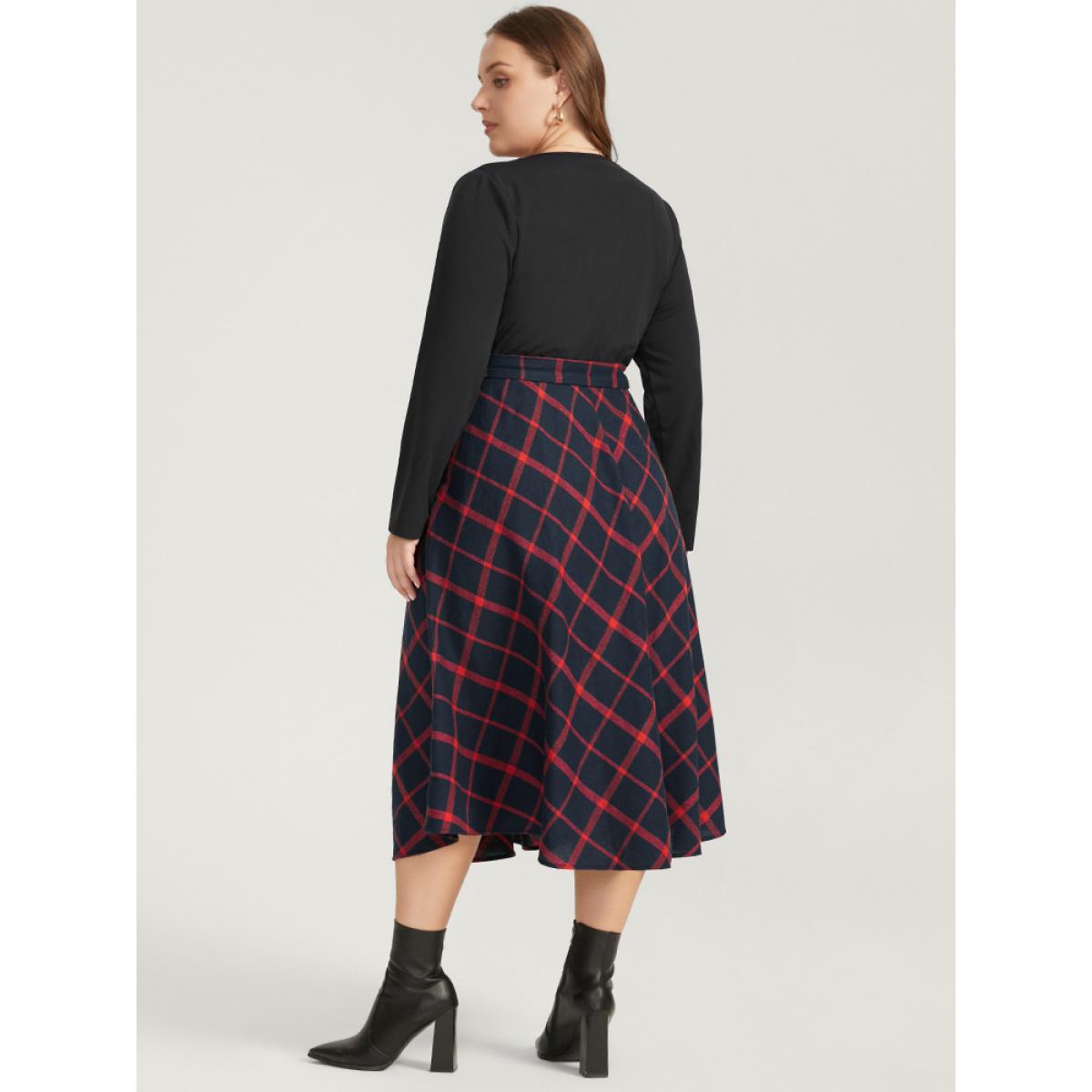 Plus Size Plaid Patchwork Pocket Belted Surplice Neck Dress Scarlet Women Elegant Belted V-neck Long Sleeve Curvy Midi Dress BloomChic 22-24/3X Product Image