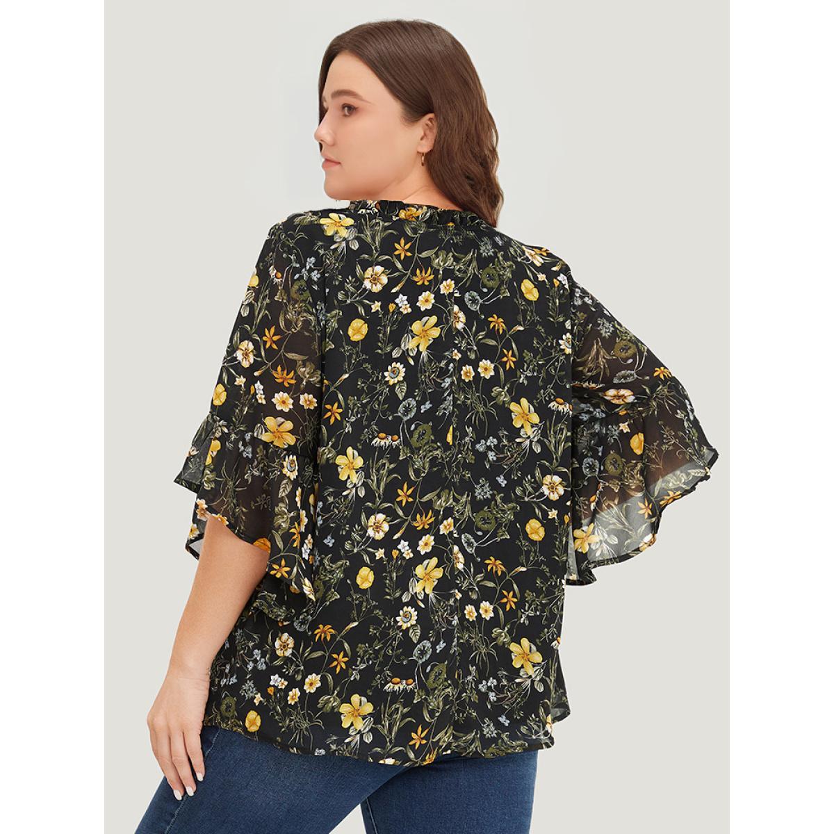 Plus Size Black Floral Tie Neck Frill Trim Bell Sleeve Blouse Women Elegant Half Sleeve Tie Neck Dailywear Blouses BloomChic 18-20/2X Product Image