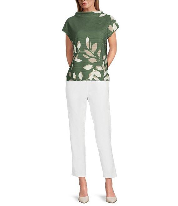 Investments Petite Size Knit Bronze Green/Neutral Leaf Short Sleeve High Neck Ottoman Top Product Image