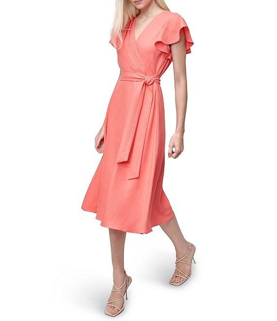 DKNY by Donna Karan Flutter Sleeve V Neck Woven Faux Wrap Midi Dress Product Image