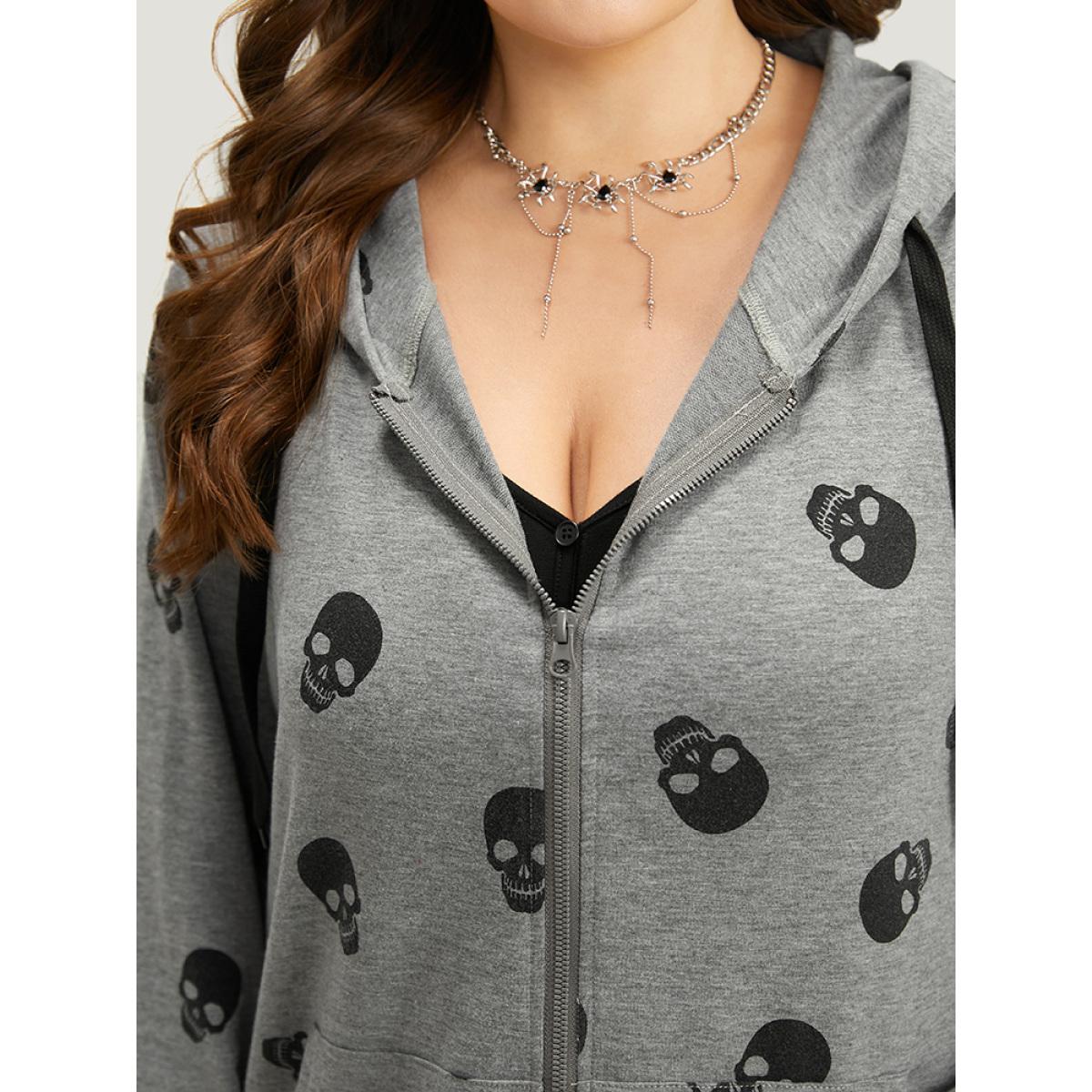 Plus Size Halloween Skull Print Pocket Zipper Hooded Sweatshirt Women Gray Casual Elastic cuffs Hooded Festival-Halloween Sweatshirts BloomChic 26/4X Product Image