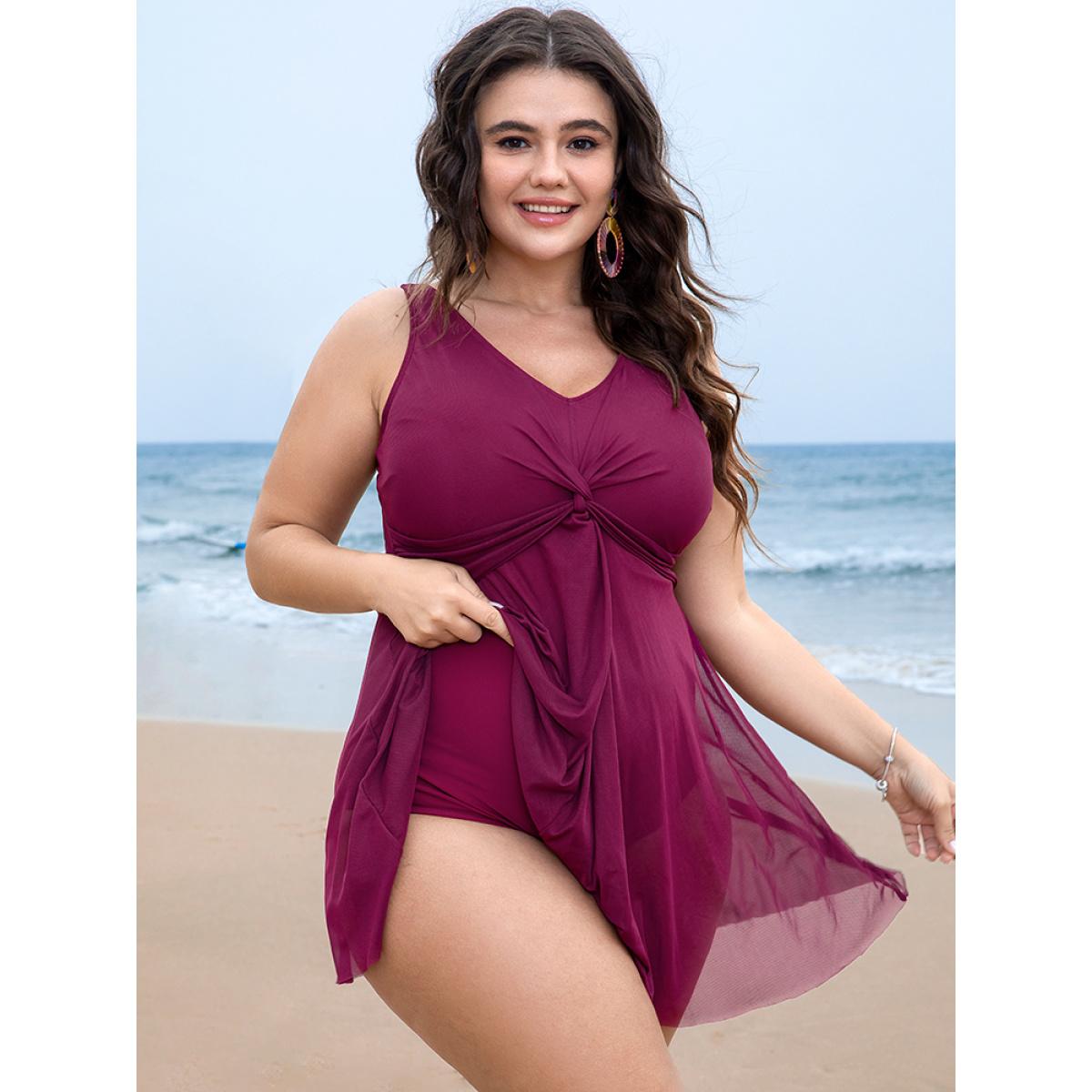 Plus Size Adjustable Straps Mesh Flutter Hem Twist Swim Dress Women's Swimwear RedViolet Vacation Bodycon V-neck High stretch Curve Swim Dresses BloomChic 28/5X Product Image