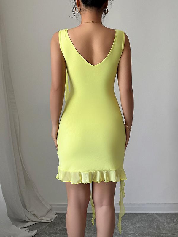 Bodycon High Waisted Pleated Solid Color V-Neck Mini Dresses Product Image