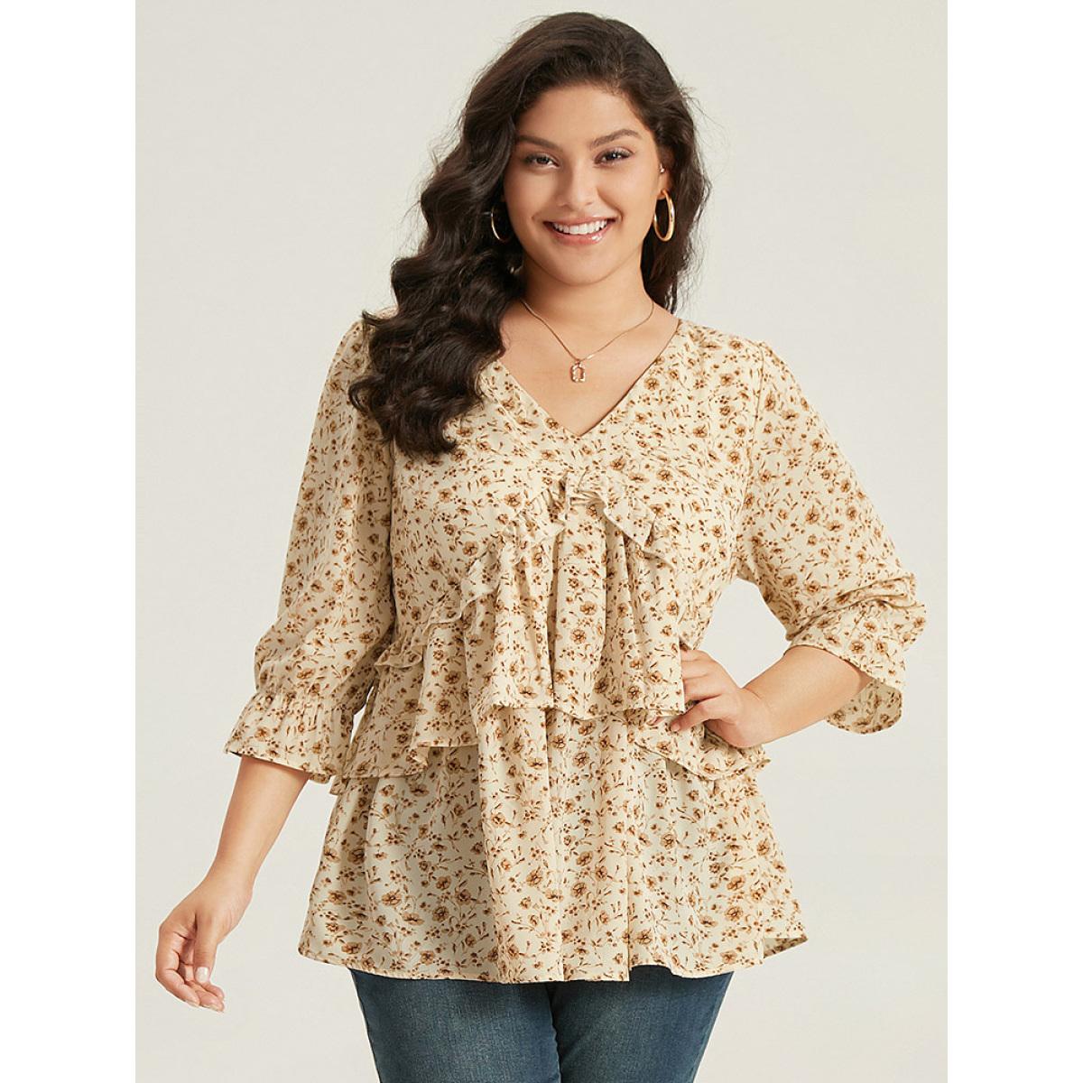Plus Size Apricot Ditsy Floral Tiered Ruffles Gathered Blouse Women Elegant Elbow-length sleeve V-neck Dailywear Blouses BloomChic 12/L Product Image