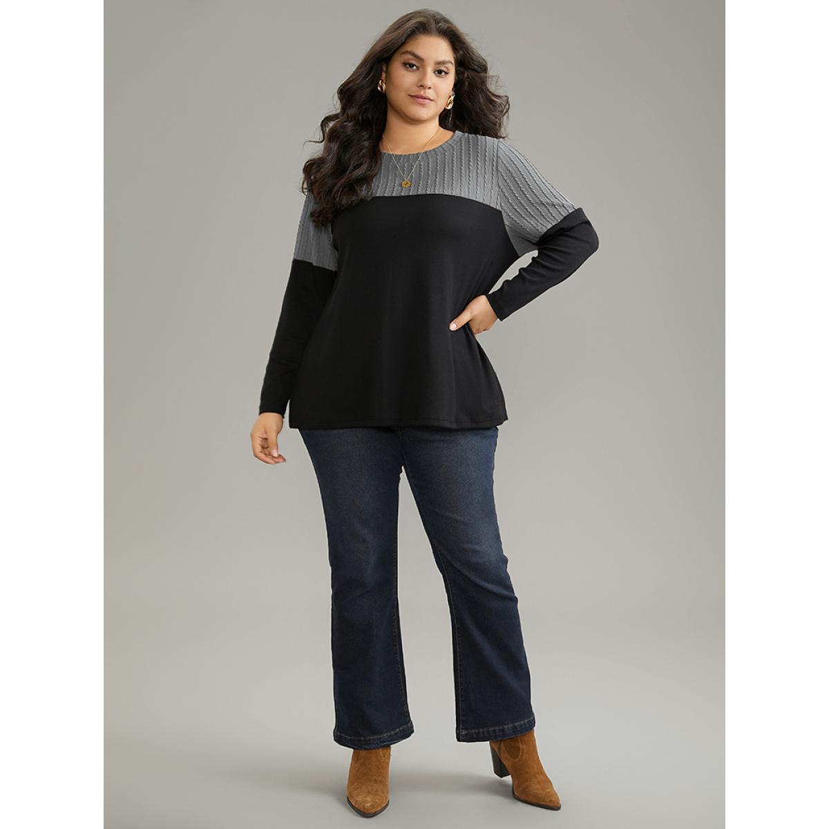 Plus Size Textured Patchwork Contrast Crew Neck Knit T-shirt DarkGray Women Casual Texture Plain Round Neck Dailywear T-shirts BloomChic 10/M Product Image