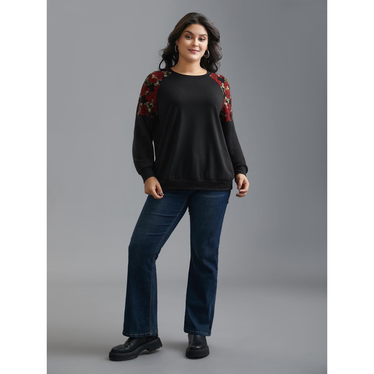 Plus Size Floral Raglan Sleeve Stretchy Fitted Sweatshirt Women Black Casual Contrast Round Neck Everyday Sweatshirts BloomChic 14-16/1X Product Image