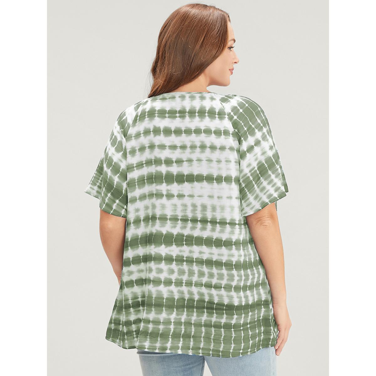 Plus Size Sage Tie Dye Raglan Sleeve Tie V Neck Blouse Women Vacation Short sleeve V-neck Dailywear Blouses BloomChic 22-24/3X Product Image