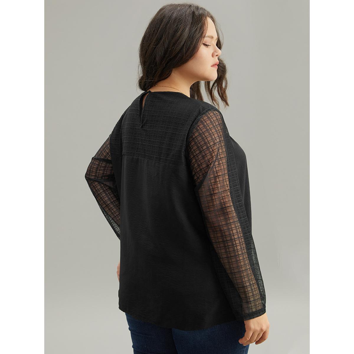 Plus Size Black Solid Keyhole Mesh Plicated Detail Blouse Women Glamour Long Sleeve Round Neck Going out Blouses BloomChic 12/L Product Image