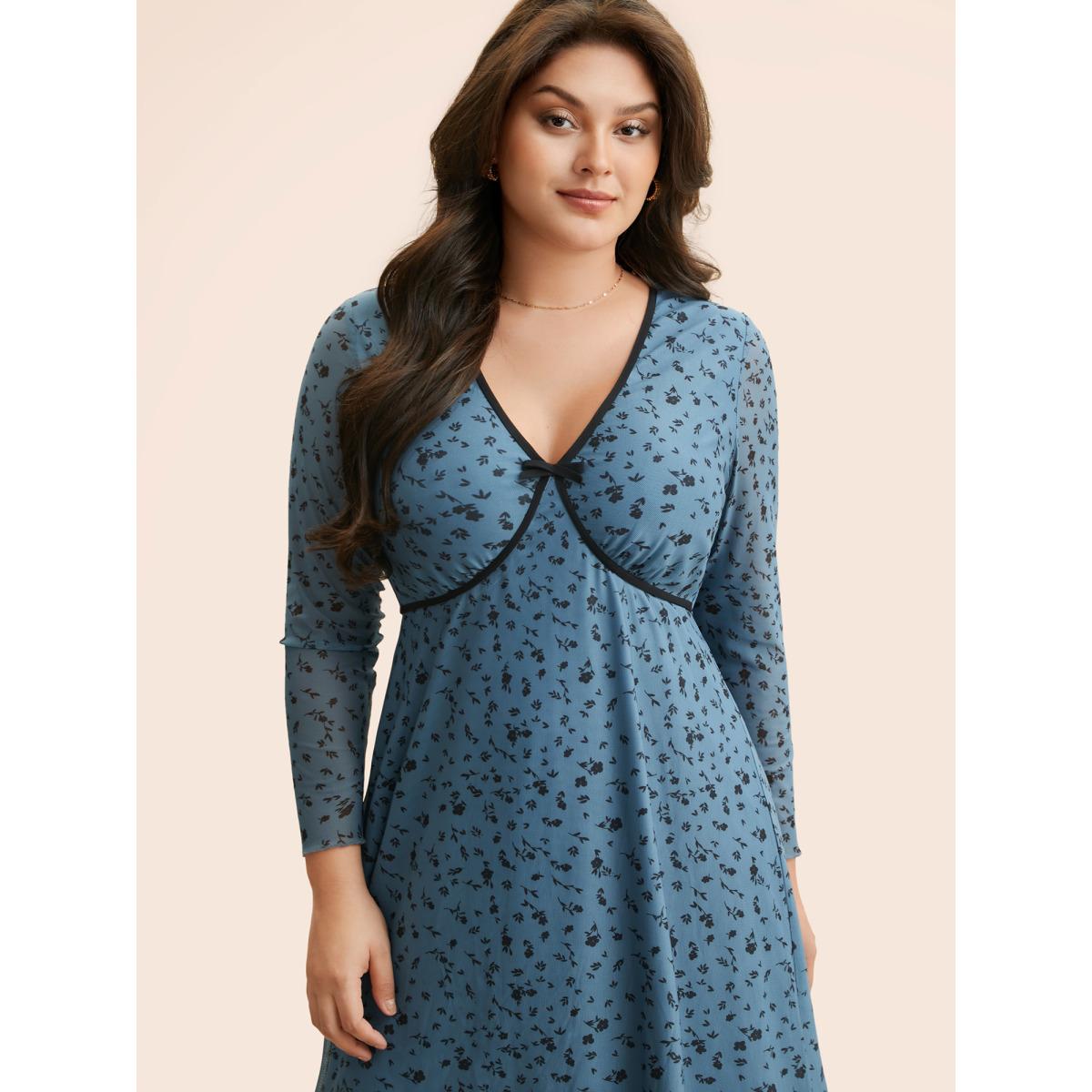 Plus Size Ditsy Floral Bowknot Patchwork Mesh Dress Cerulean Women Elegant Woven ribbon&lace trim V-neck Long Sleeve Curvy BloomChic 22-24/3X Product Image
