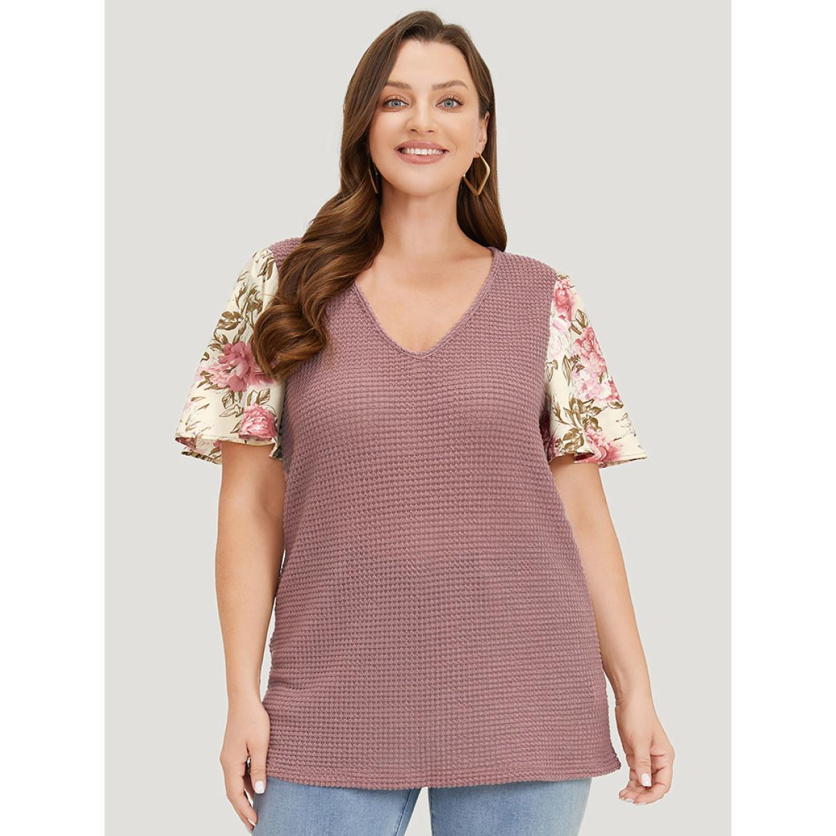 Plus Size Waffle Knit Pacthwork Flutter Sleeve T-shirt DustyPink Women Elegant Patchwork Floral V-neck Dailywear T-shirts BloomChic 10/M Product Image