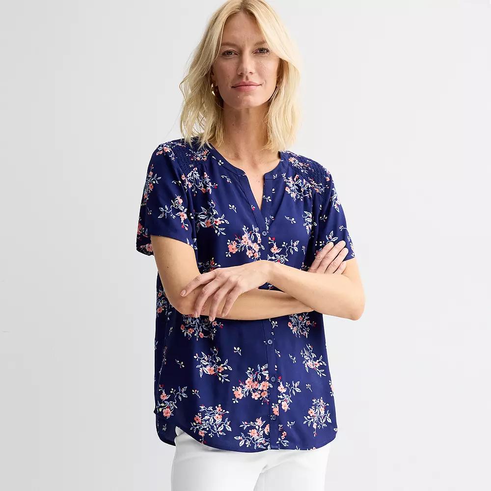 Women's Croft & Barrow® Short Sleeve Femme Blouse, Size: Large, Navy Pink Floral Product Image