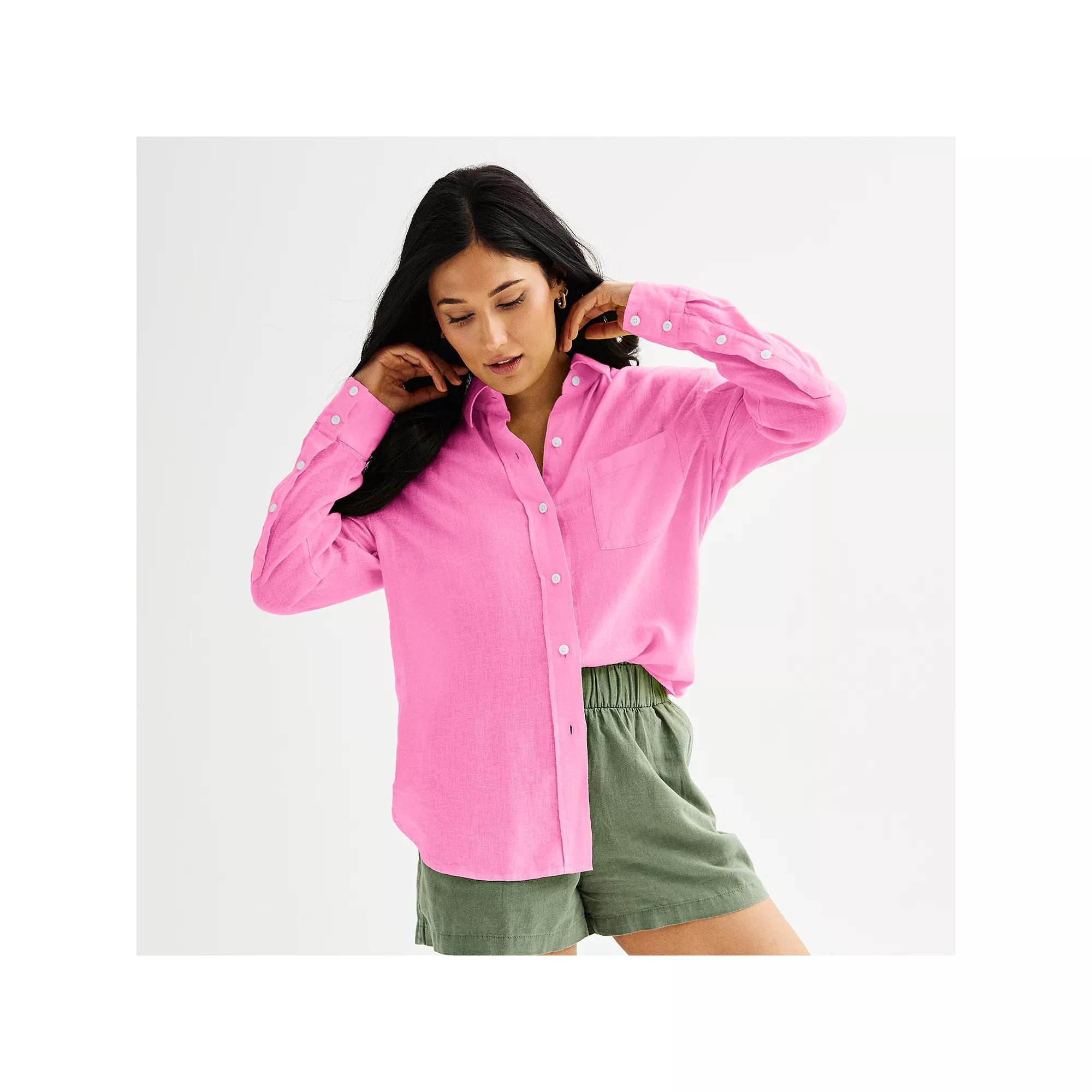 Women's Sonoma Goods For Life® Oversized Linen-Blend Boyfriend Shirt, Size: Small, Pink Spritz Product Image