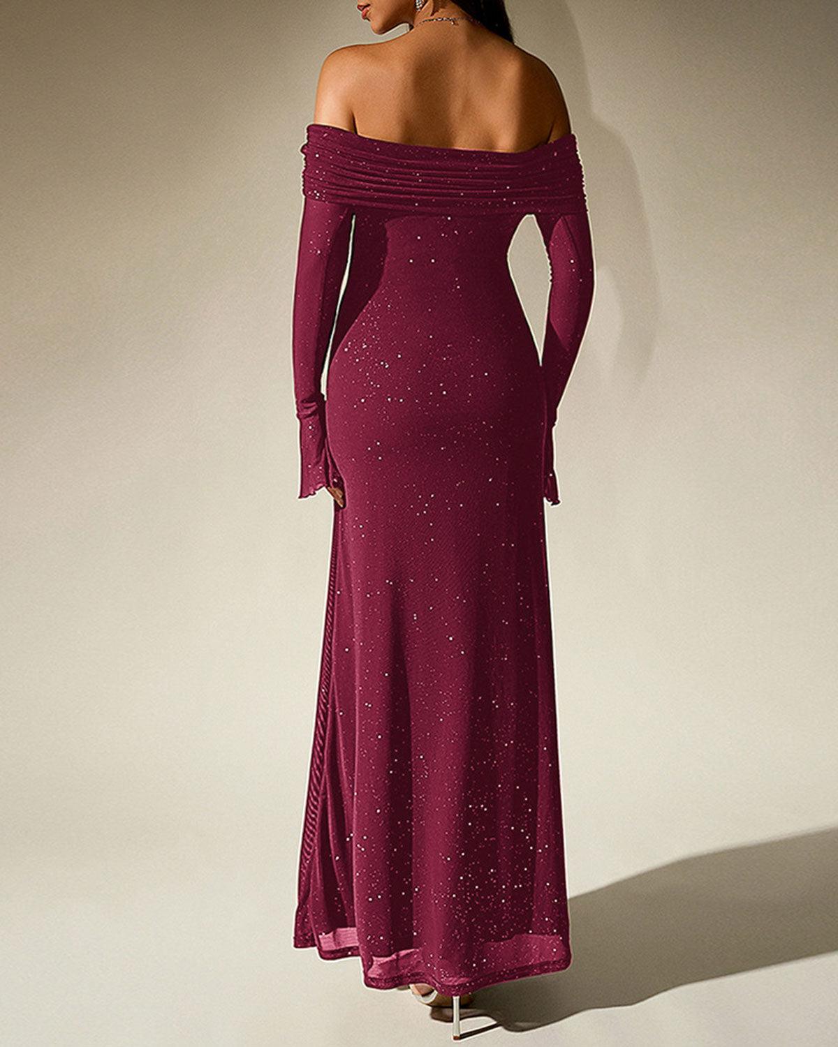 Wine Red Bell Sleeve Strapless Maxi Dress Product Image
