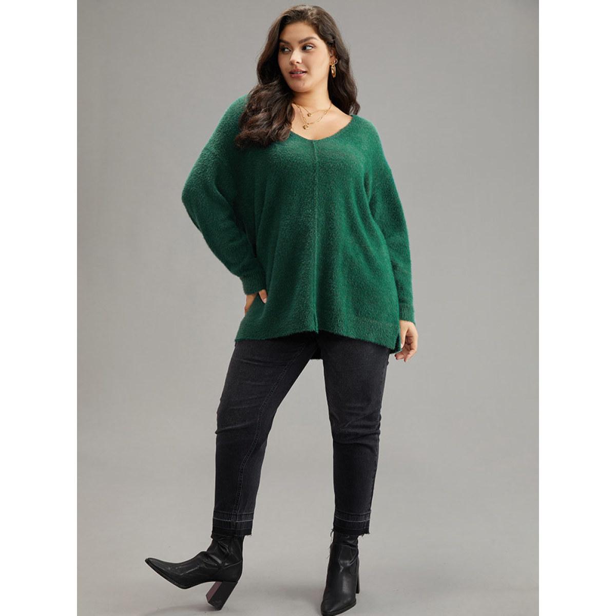 Plus Size Fuzzy Solid Split Side Patchwork Pullover DarkGreen Women Casual Loose Long Sleeve V-neck Dailywear Pullovers BloomChic 28/5X Product Image