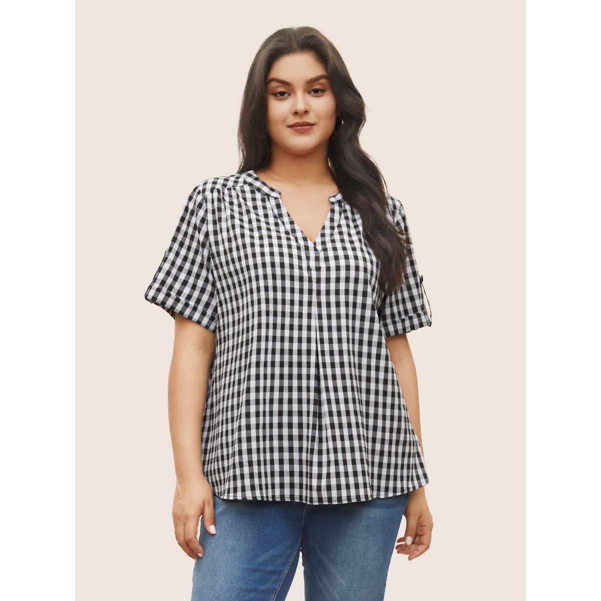 Plus Size Black Gingham Gathered Notched Tab Sleeve Blouse Women Casual Sleeveless Notched collar Everyday Blouses BloomChic 14-16/1X Product Image