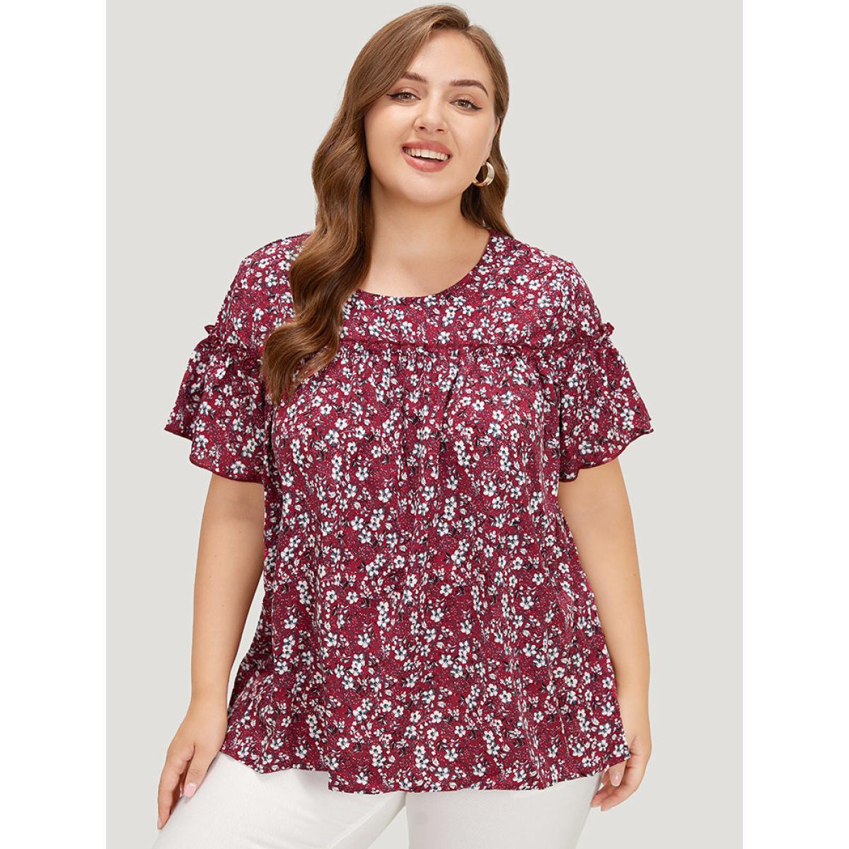 Plus Size Burgundy Ditsy Floral Frill Trim Gathered Ruffle Sleeve Blouse Women Elegant Short sleeve Round Neck Dailywear Blouses BloomChic 12/L Product Image