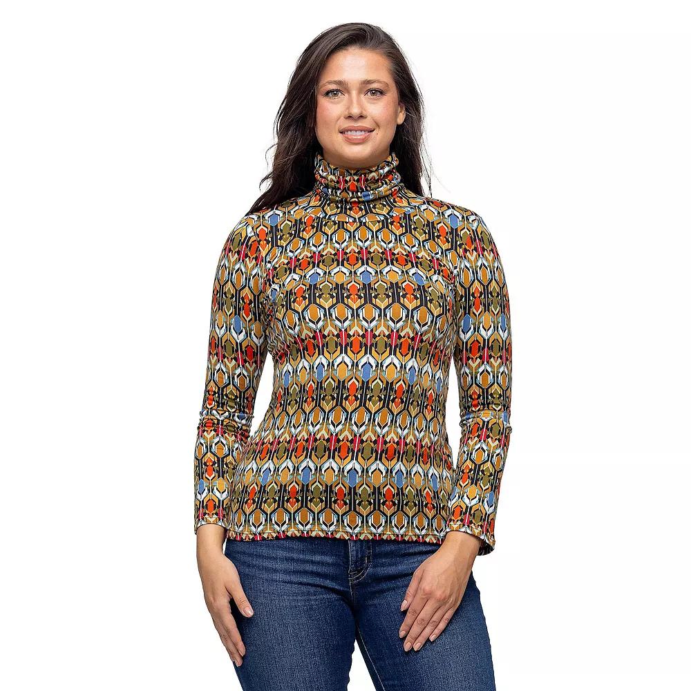 Women's 24Seven Comfort Apparel Multicolor Geo Print Long Sleeve Turtleneck Top, Size: Small, Orange Team Product Image