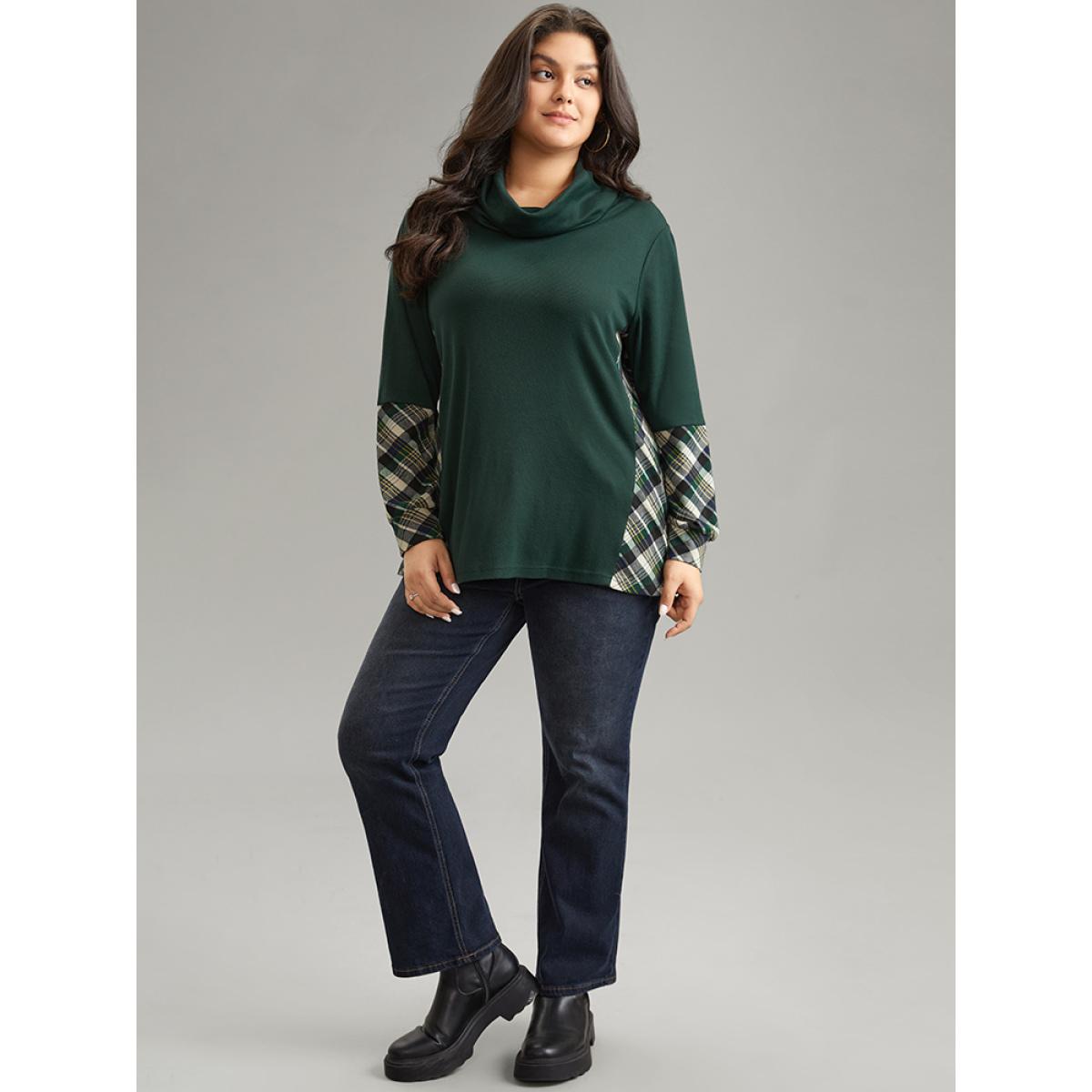 Plus Size Mock Neck Plaid Patchwork Knit T-shirt DarkGreen Women Casual Patchwork Plaid Mock Neck Dailywear T-shirts BloomChic 10/M Product Image