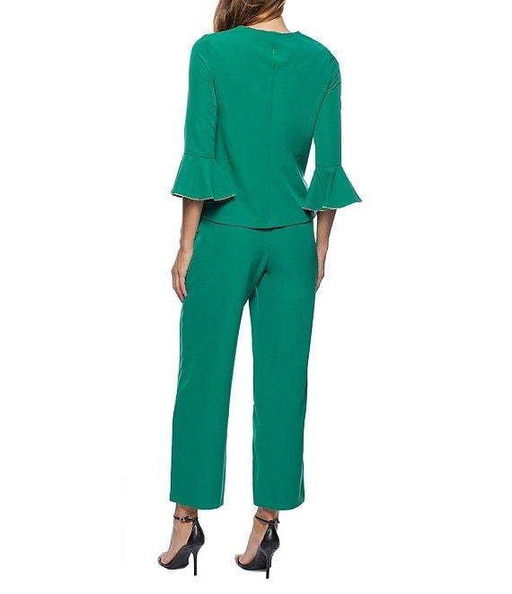 Marina Crew Neck 3/4 Bell Sleeve Rhinestone Trim 2-Piece Pant Set Product Image