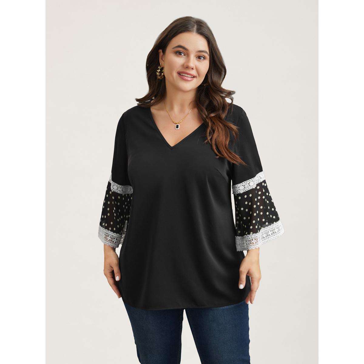 Plus Size Black Polka Dot Paneled V-Neck Flared Shirt Women Elegant Elbow-length sleeve V-neck Everyday Blouses BloomChic 10/M Product Image