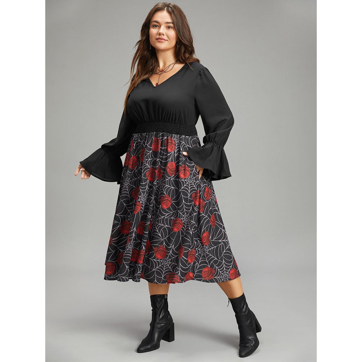 Plus Size Halloween Rose Ruffles Shirred Elastic Waist Dress Black Women Casual Printed V-neck Long Sleeve Curvy Midi Dress BloomChic 28/5X Product Image