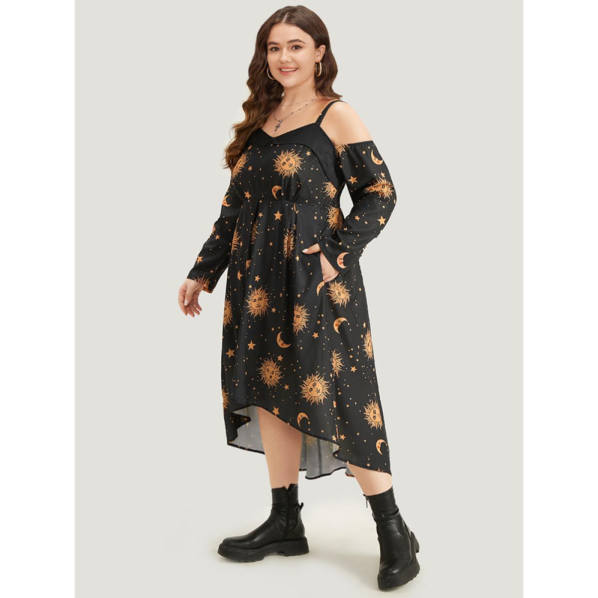 Plus Size Halloween Moon & Star Cold Shoulder Pocket Elastic Waist Dress Black Women Casual Adjustable Straps Spaghetti Strap Long Sleeve Curvy Midi Dress BloomChic 12/L Product Image