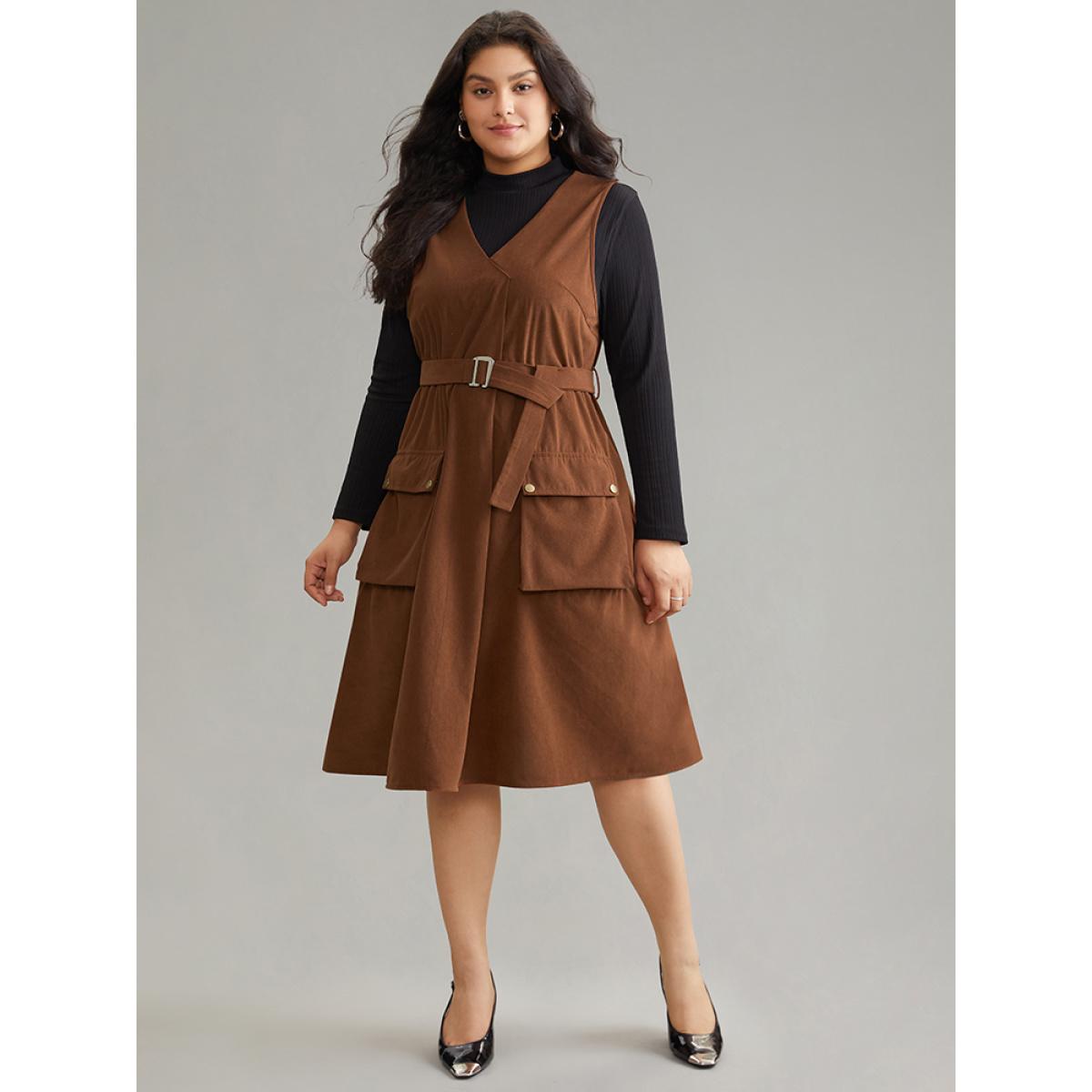 Plus Size Solid Belted Buckle Detail Flap Pocket Sleeveless Dress Bronze Women Office Plain V-neck Sleeveless Curvy Midi Dress BloomChic 26/4X Product Image