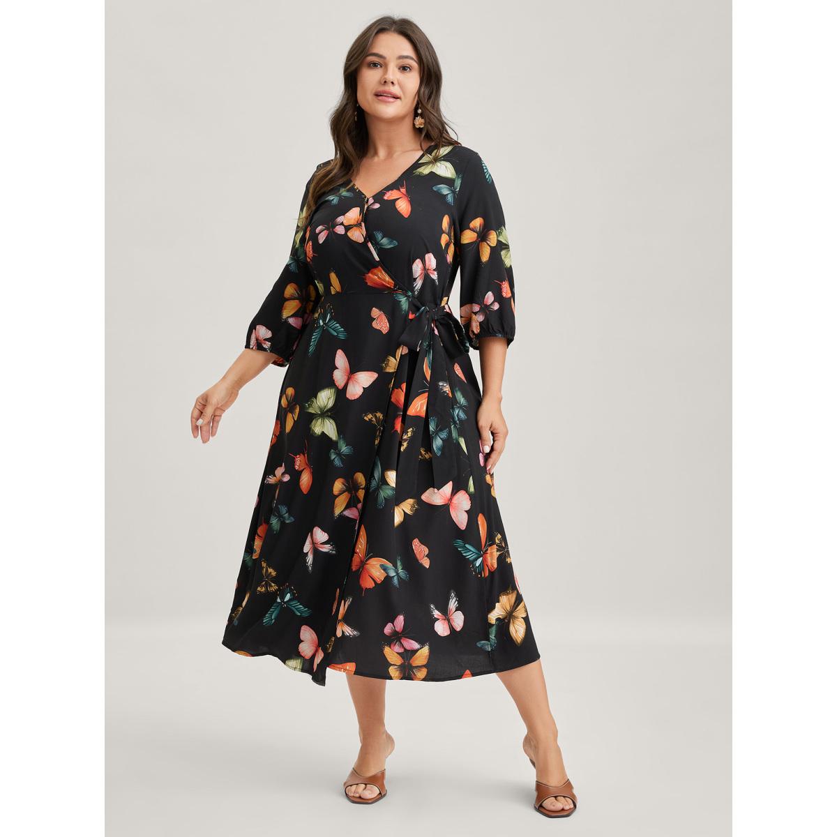 Plus Size Butterfly Print Side Tie Pockets Midi Dress Black Women Overlap Collar Elbow-length sleeve Curvy BloomChic 18-20/2X Product Image