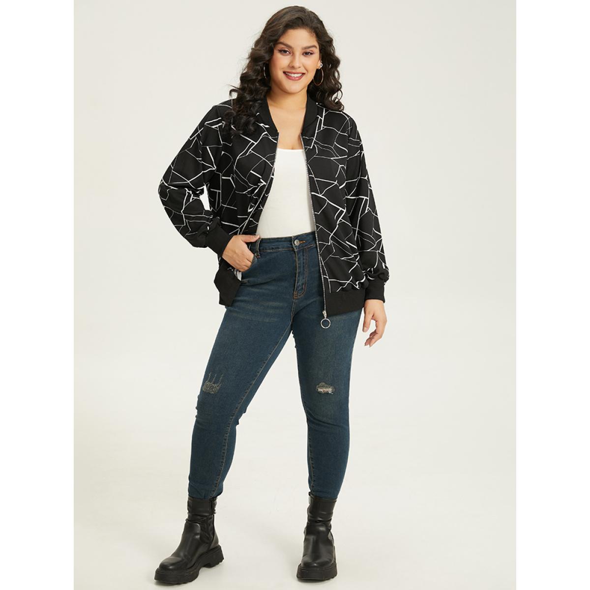 Plus Size Halloween Geometric Graphic Pocket Zipper Elastic Cuffs Jacket Women Black Elastic cuffs Pocket Dailywear Jackets BloomChic 14-16/1X Product Image