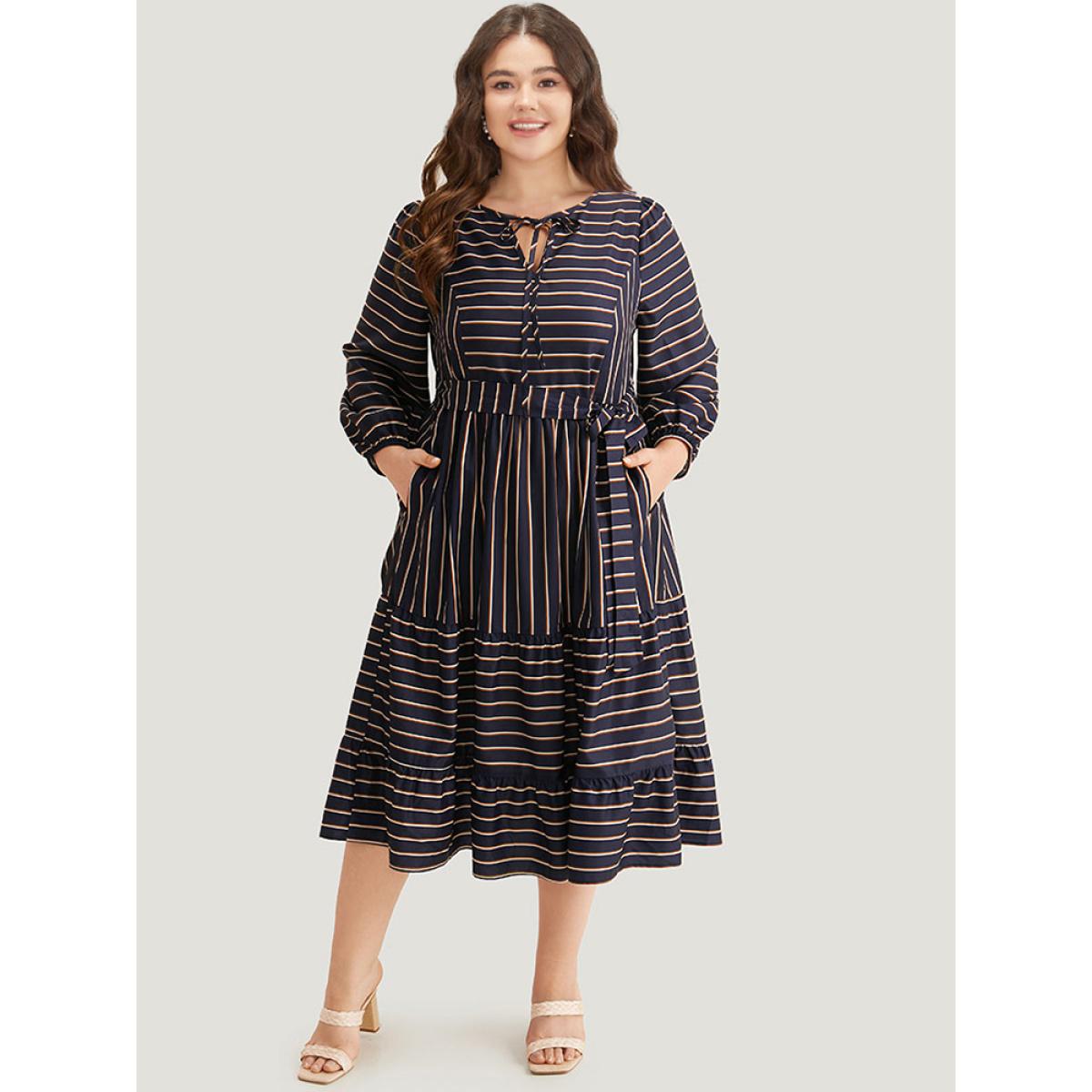 Plus Size Striped Tie Neck Pocket Ties Dress Indigo Women Vacation Elastic cuffs Tie Neck Long Sleeve Curvy Midi Dress BloomChic 30/6X Product Image