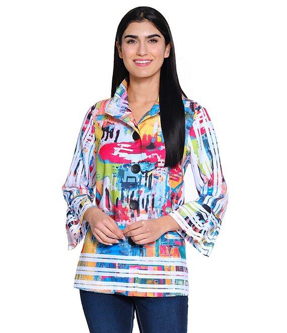 Ali Miles Petite Size Printed Woven Wire Collar 3/4 Bell Sleeve Button Front Tunic Product Image