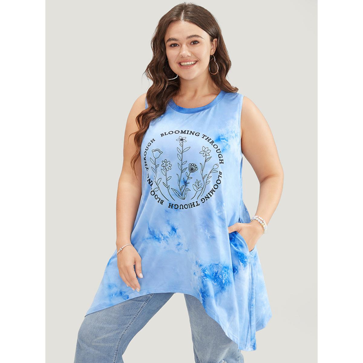 Plus Size Floral & letter Print Asymmetrical Hem Tie Dye Tank Top Women LightBlue Casual Printed Dailywear Tank Tops Camis BloomChic 18-20/2X Product Image