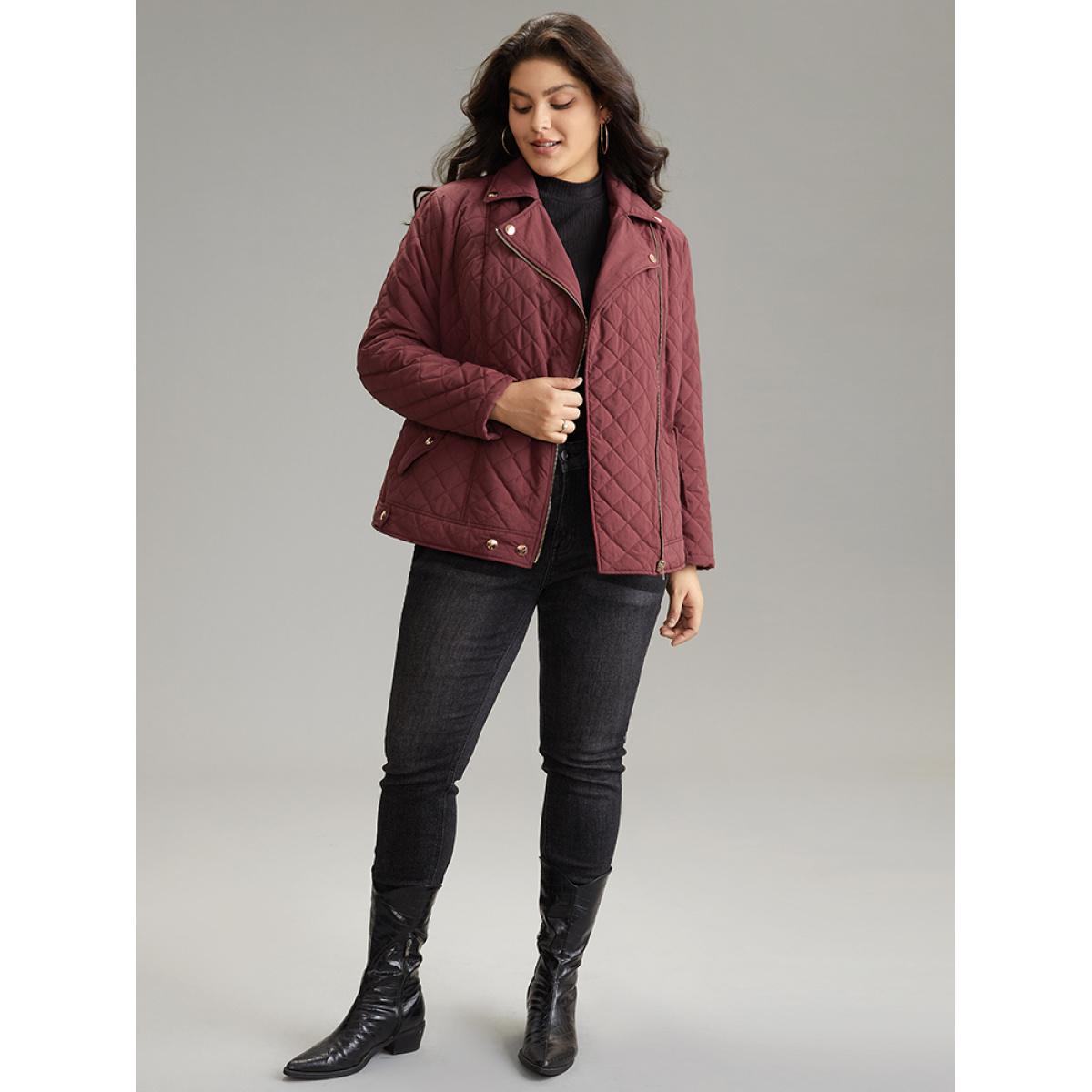 Plus Size Zipper Fly Quilted Button Detail Lapel Collar Jacket Women Burgundy Texture Pocket Dailywear Jackets BloomChic 28/5X Product Image