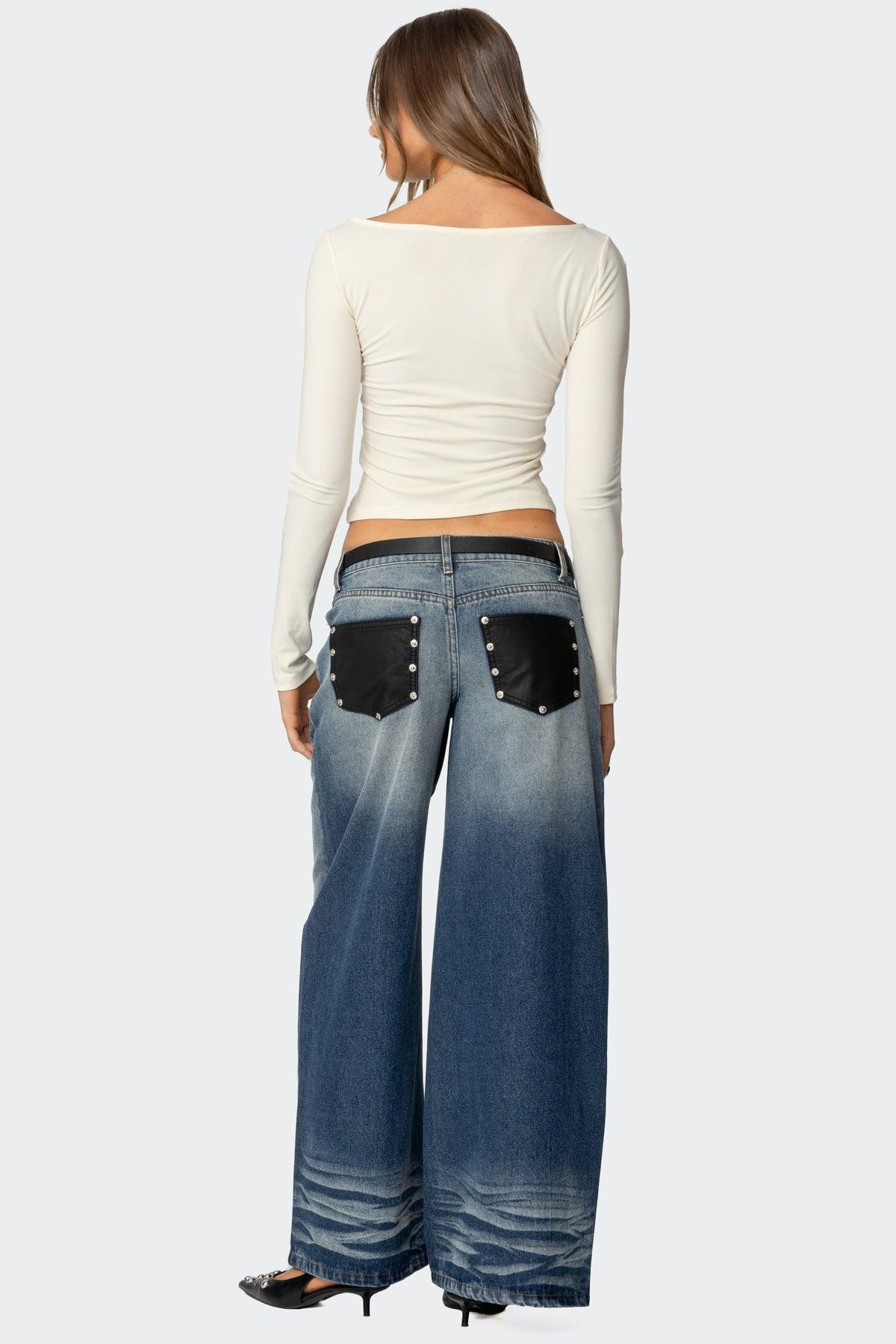 Faux Leather Pocket Low Rise Baggy Jeans Product Image