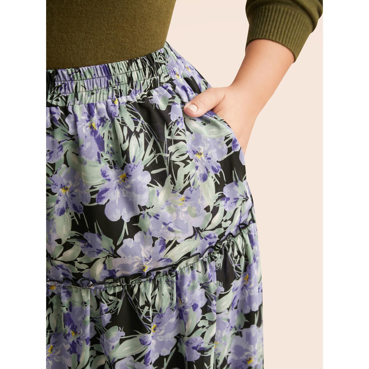 Plus Size Floral Ruffle Layered Hem Skirt Women BlackFlower Elegant No stretch Slanted pocket Everyday Skirts BloomChic 12/L Product Image