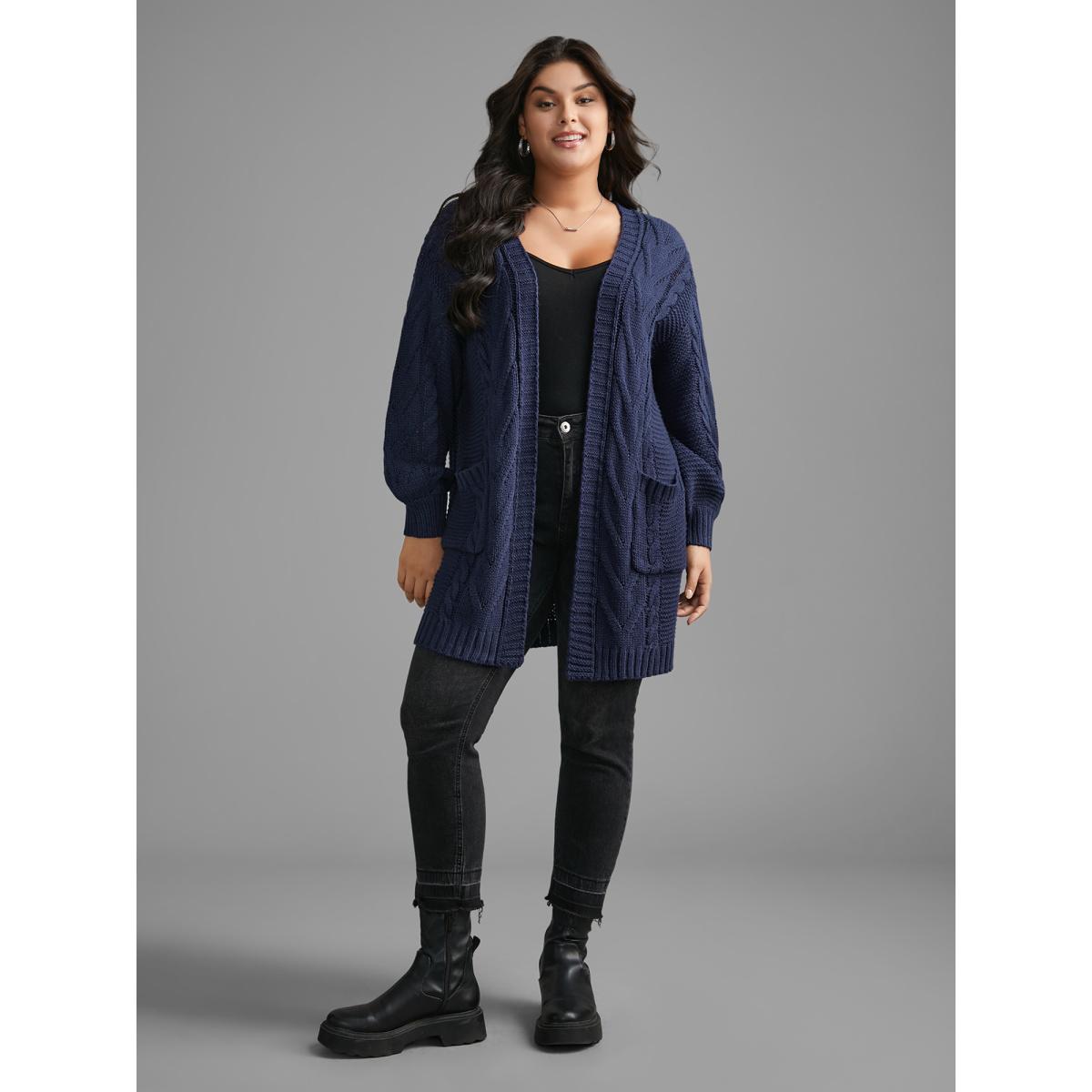 Plus Size Texture Cable Knit Patched Pocket Cardigan Indigo Women Casual Long Sleeve Everyday Cardigans BloomChic 26/4X Product Image