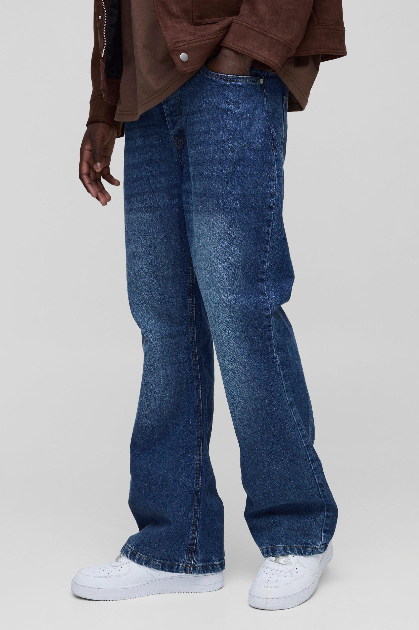 Relaxed Rigid Flare Jean In Mid Blue | boohooMAN USA Product Image
