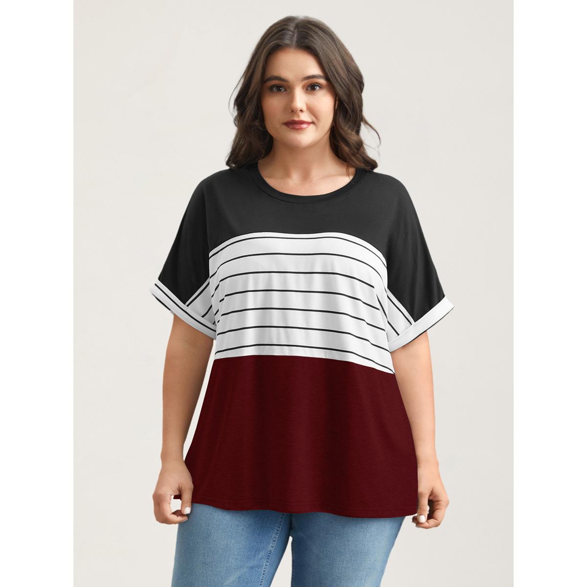 Plus Size Color-Block Stretchy Stripes T-Shirt Scarlet Women Casual Contrast Round Neck Everyday T-shirts BloomChic 10/M Product Image