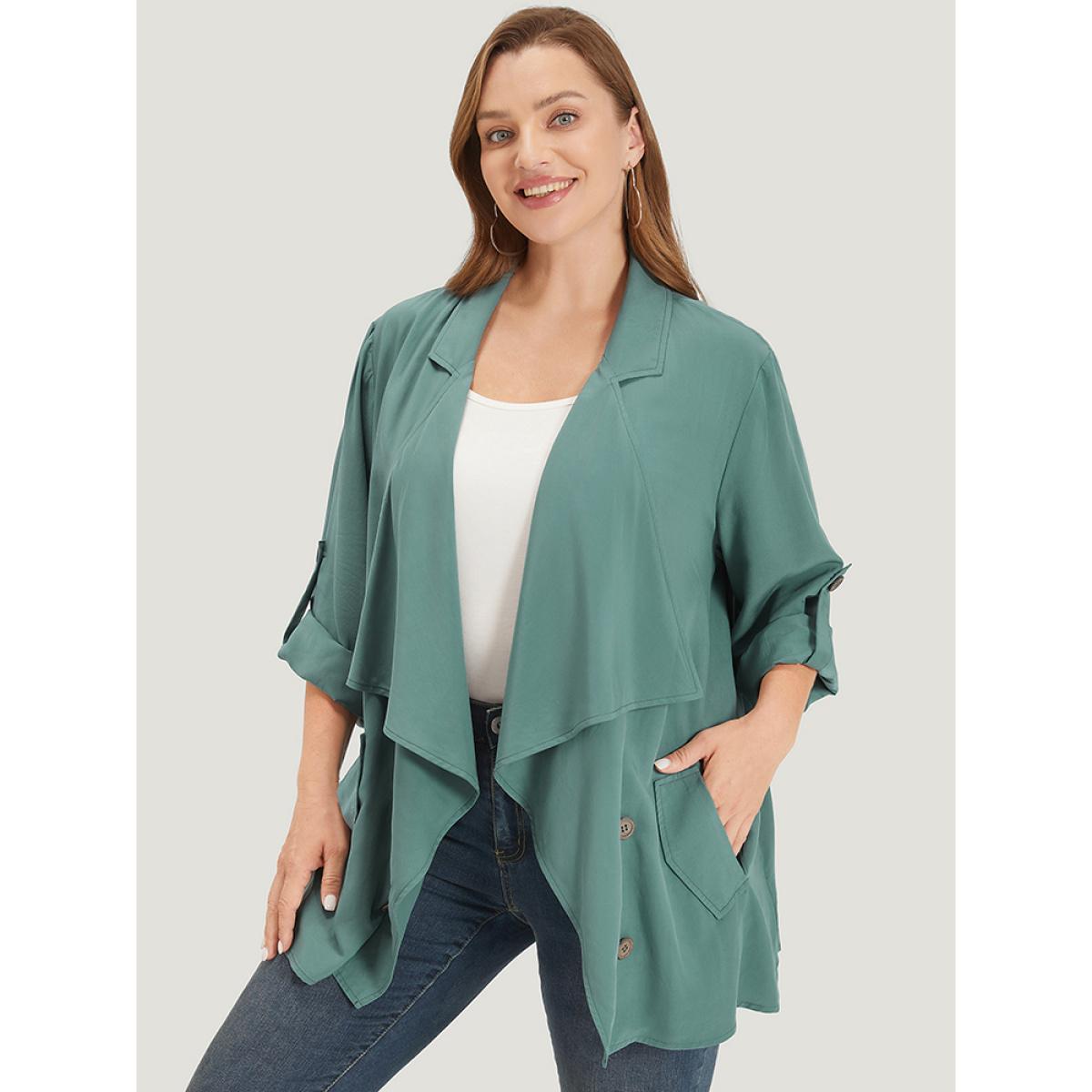 Plus Size Solid Pocket Asymmetrical Neck Roll Tab Sleeve Jacket Women Emerald Plain Loose Pocket Dailywear Jackets BloomChic 30/6X Product Image