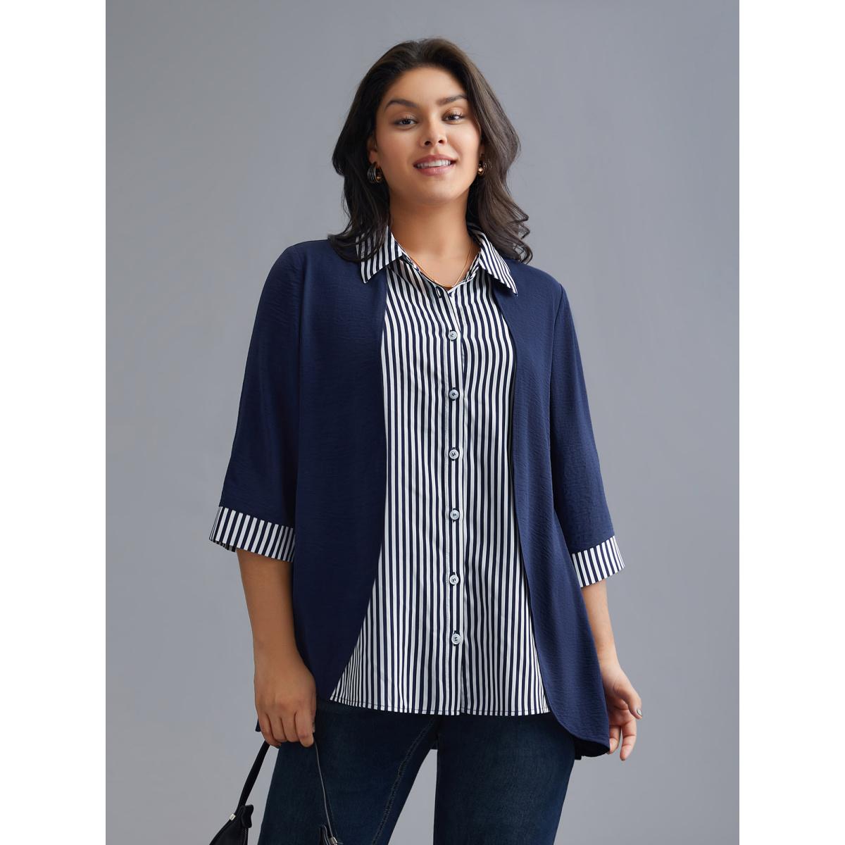 Plus Size Indigo Shirt Collar Patchwork Striped Blouse Women Office Extra Long Sleeve Square Neck Office Blouses BloomChic 28/5X Product Image